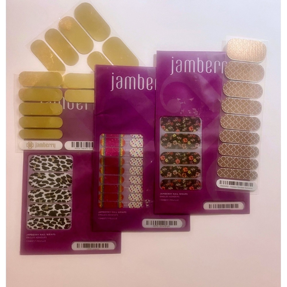 Jamberry Nail Wraps Set- New- Leopard Floral Hostess Exclusive Gold Shine Bright